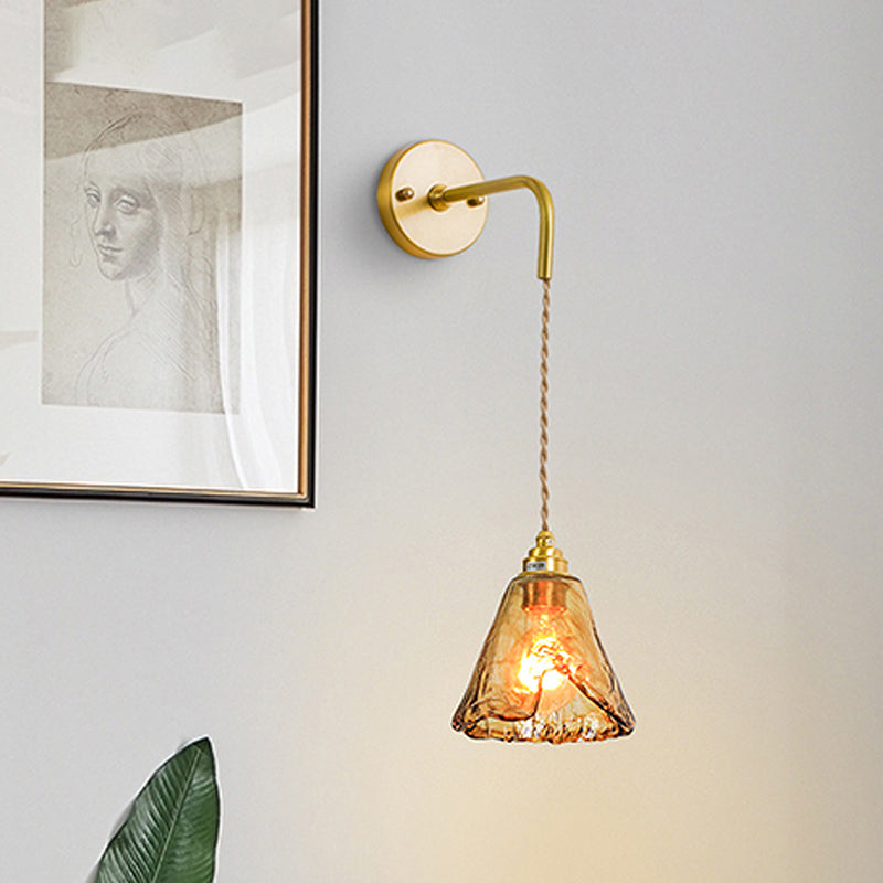 Gold Tan Glass 1-Light Wall Sconce Fixture Colonial Cone/Trapezoid/Flat Design For Living Room Cord