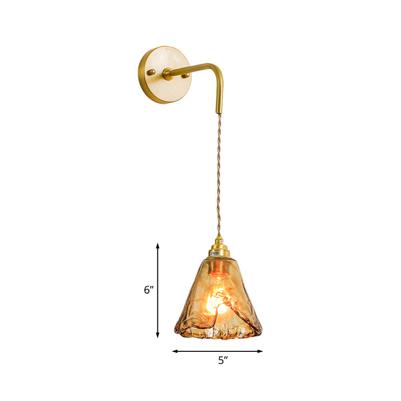 Gold Tan Glass 1-Light Wall Sconce Fixture Colonial Cone/Trapezoid/Flat Design For Living Room Cord