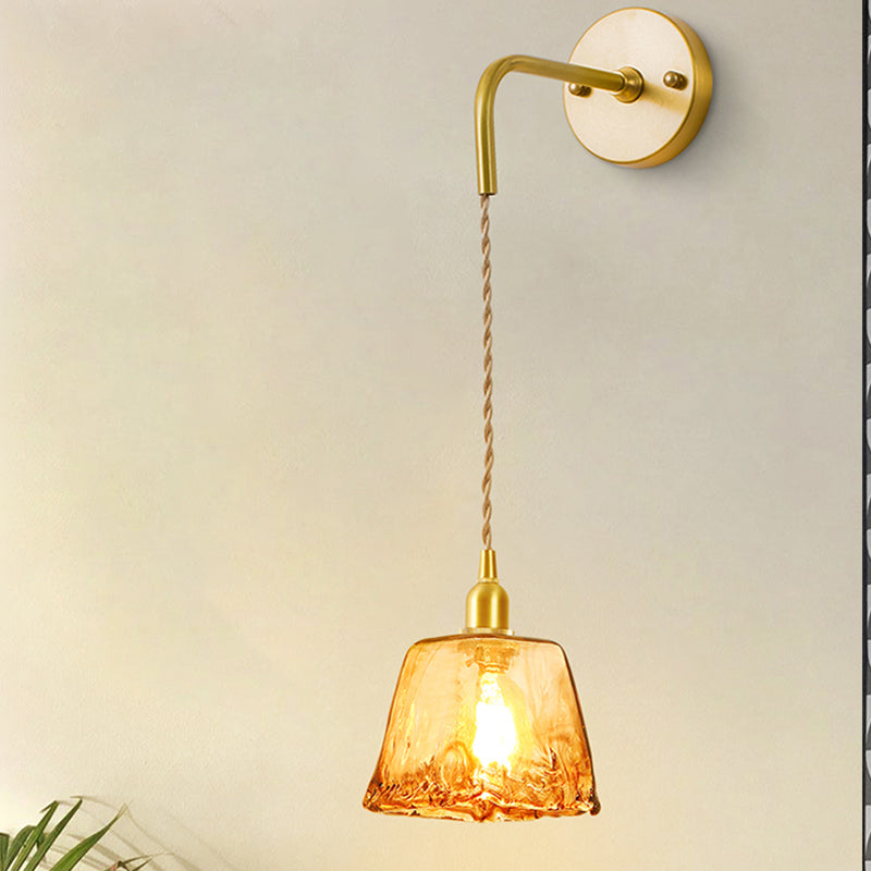 Gold Tan Glass 1-Light Wall Sconce Fixture Colonial Cone/Trapezoid/Flat Design For Living Room Cord