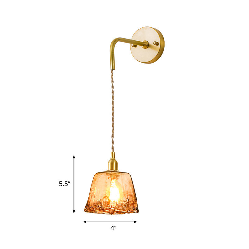 Gold Tan Glass 1-Light Wall Sconce Fixture Colonial Cone/Trapezoid/Flat Design For Living Room Cord