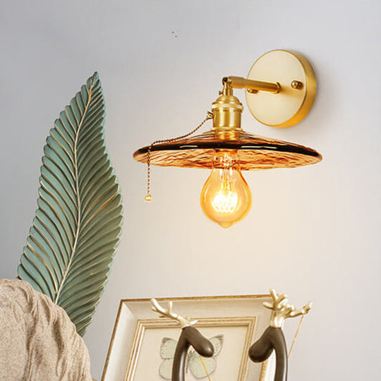 Colonial Wall Sconce In Tan Glass With Gold Saucer/Funnel Design - Bedroom Lighting Fixture