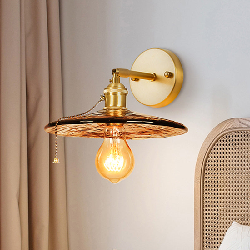 Colonial Wall Sconce In Tan Glass With Gold Saucer/Funnel Design - Bedroom Lighting Fixture