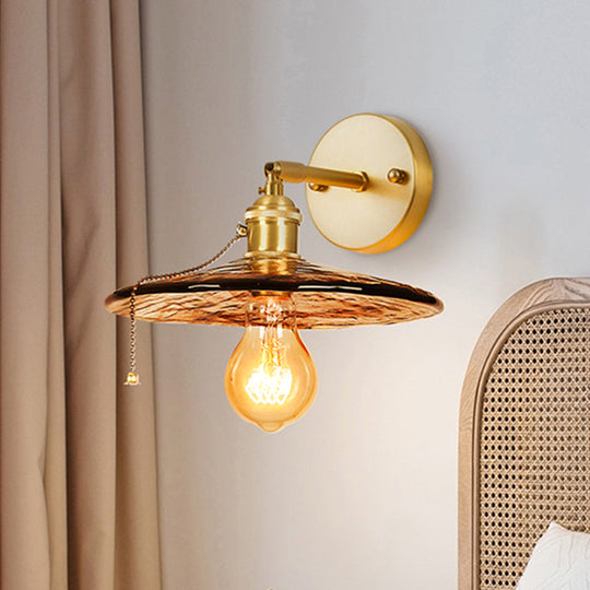 Colonial Wall Sconce In Tan Glass With Gold Saucer/Funnel Design - Bedroom Lighting Fixture