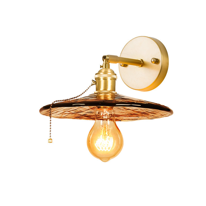 Colonial Wall Sconce In Tan Glass With Gold Saucer/Funnel Design - Bedroom Lighting Fixture