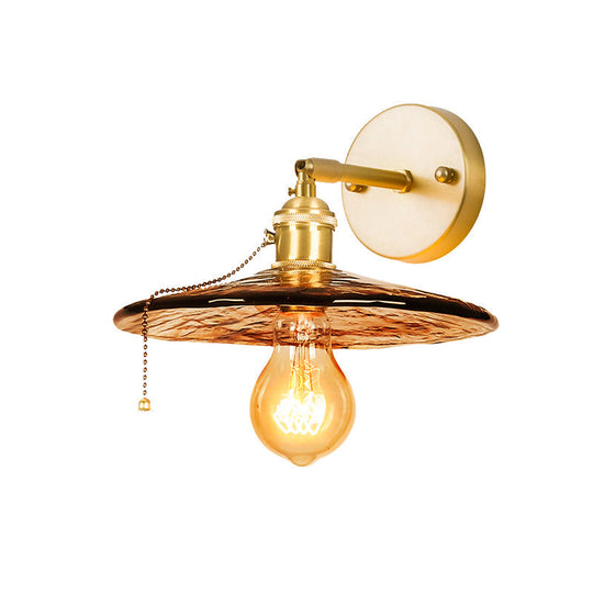 Colonial Wall Sconce In Tan Glass With Gold Saucer/Funnel Design - Bedroom Lighting Fixture