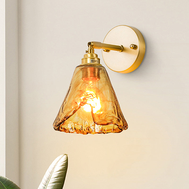 Colonial Wall Sconce In Tan Glass With Gold Saucer/Funnel Design - Bedroom Lighting Fixture / B