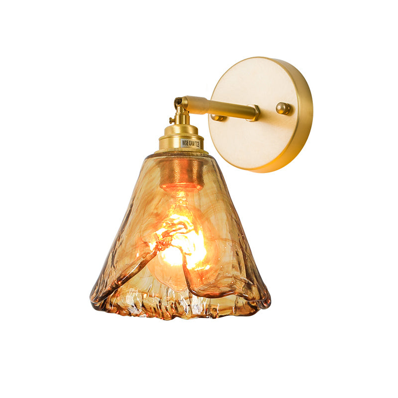 Colonial Wall Sconce In Tan Glass With Gold Saucer/Funnel Design - Bedroom Lighting Fixture
