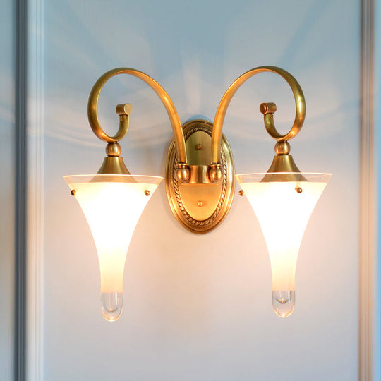 Colonial Gold Flared Wall Sconce With Frosted White Glass - Scrolled Arm Design 2 /