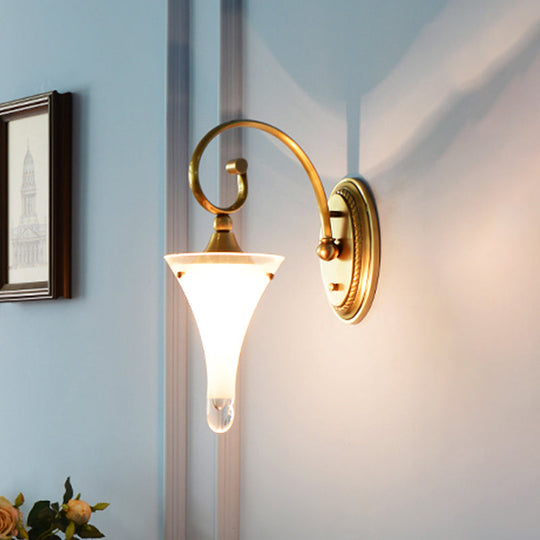 Colonial Gold Flared Wall Sconce With Frosted White Glass - Scrolled Arm Design