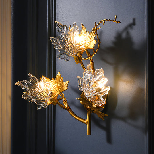 Maple Leaf Wall Lamp - 3-Light Clear Textured Glass Sconce In Gold For Bedroom