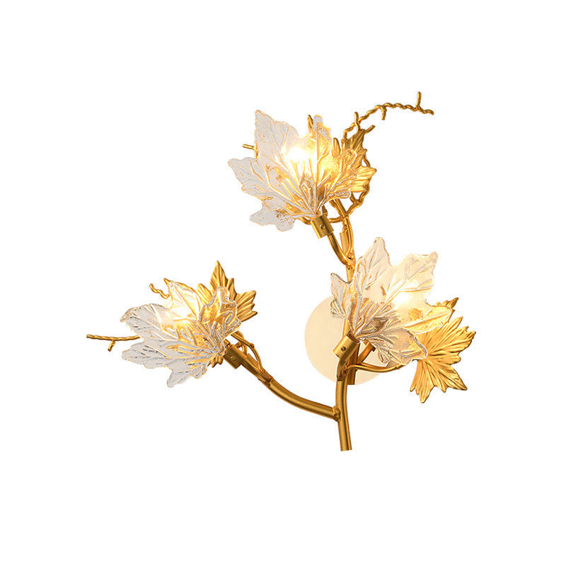 Maple Leaf Wall Lamp - 3-Light Clear Textured Glass Sconce In Gold For Bedroom