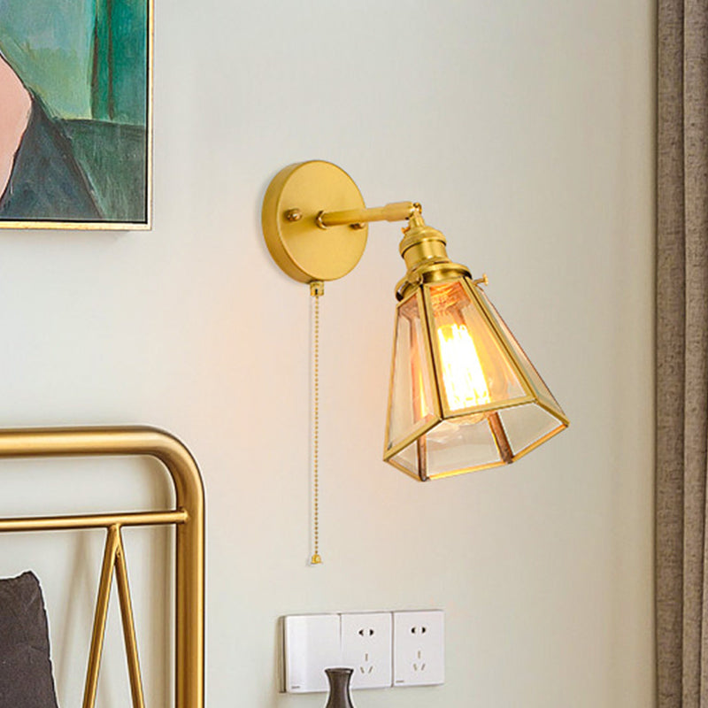 Classic Gold Colonial Tapered Wall Light: Clear Glass Sconce Lamp With/Without Pull Chain