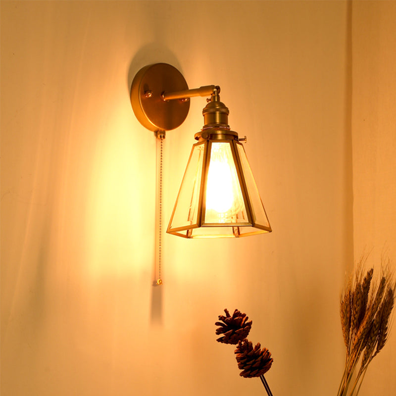 Classic Gold Colonial Tapered Wall Light: Clear Glass Sconce Lamp With/Without Pull Chain