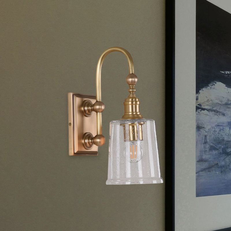 Colonial White Conical Bathroom Sconce Light With Clear Bubble Glass And Brass Wall Lamp