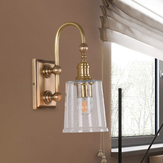 Colonial White Conical Bathroom Sconce Light With Clear Bubble Glass And Brass Wall Lamp