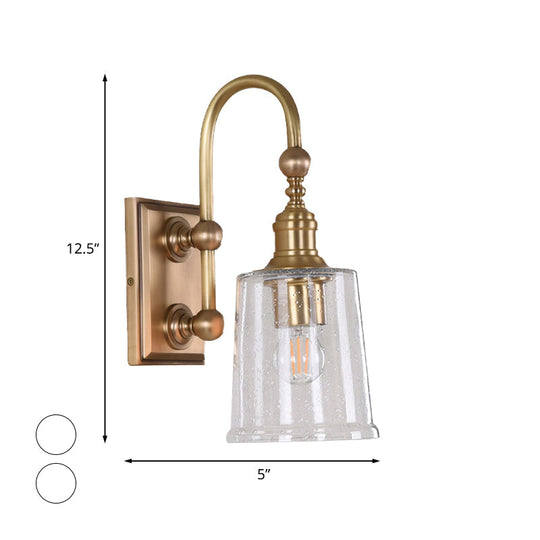 Colonial White Conical Bathroom Sconce Light With Clear Bubble Glass And Brass Wall Lamp
