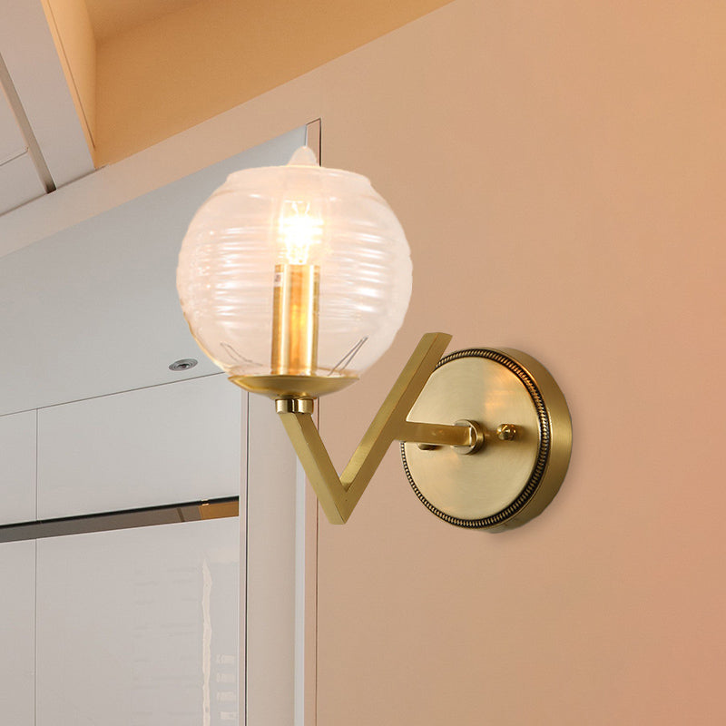 Vintage Gold Colonial Glass Sconce With Ribbed Texture And V-Shaped Metal Arm