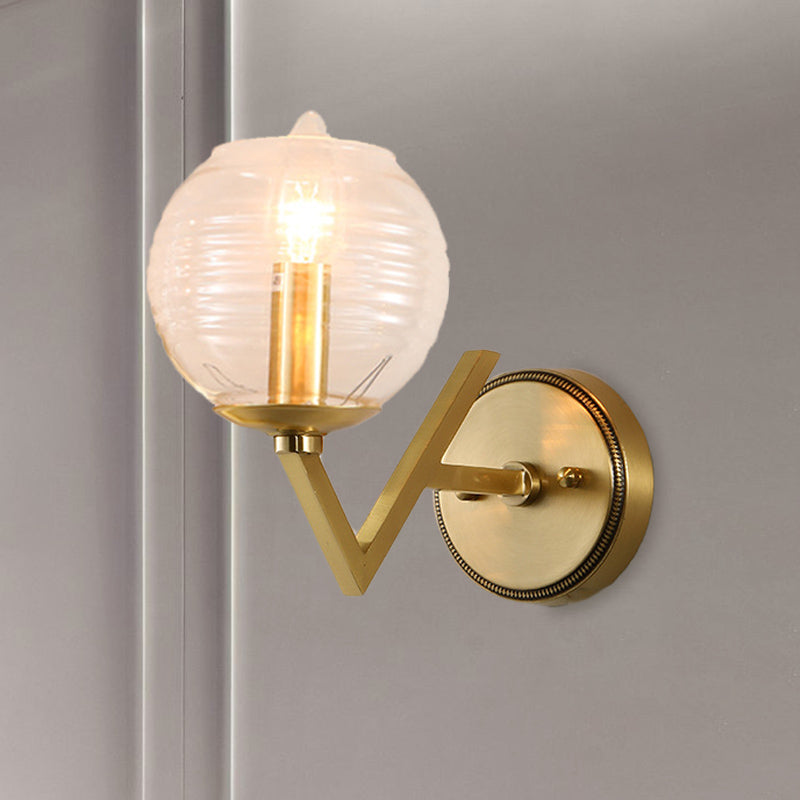 Vintage Gold Colonial Glass Sconce With Ribbed Texture And V-Shaped Metal Arm 1 /