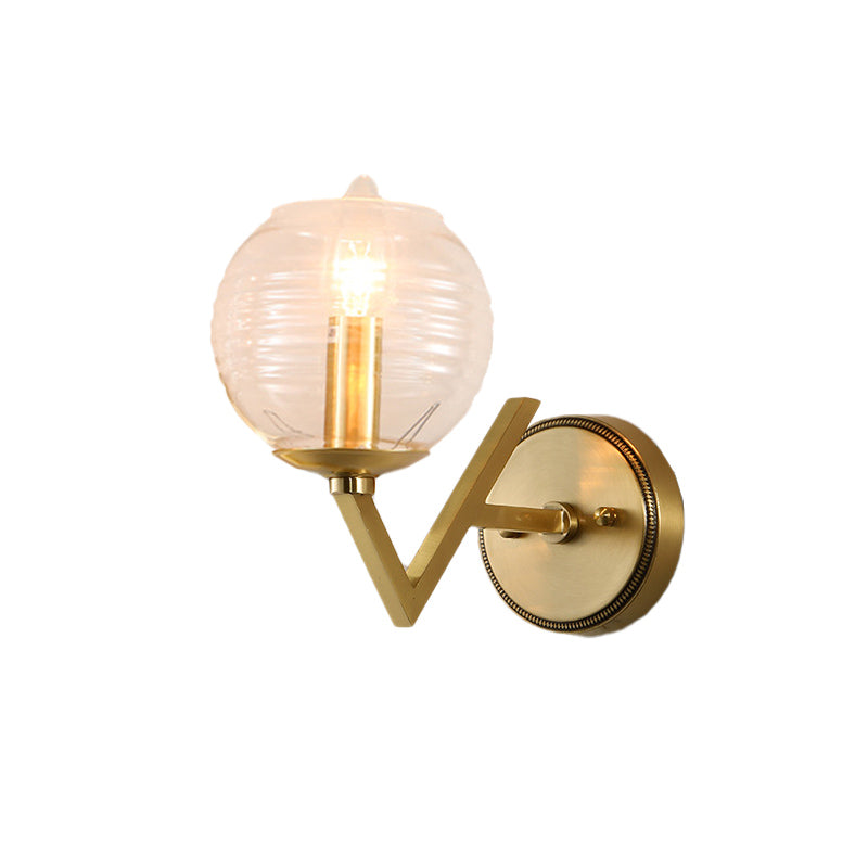 Vintage Gold Colonial Glass Sconce With Ribbed Texture And V-Shaped Metal Arm