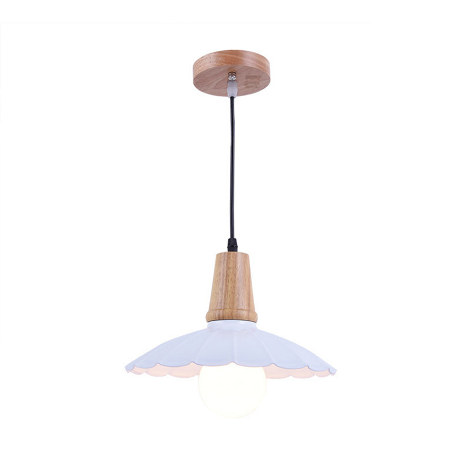 Industrial Scalloped Metal Hanging Pendant Light With Wooden Cap - White/Black