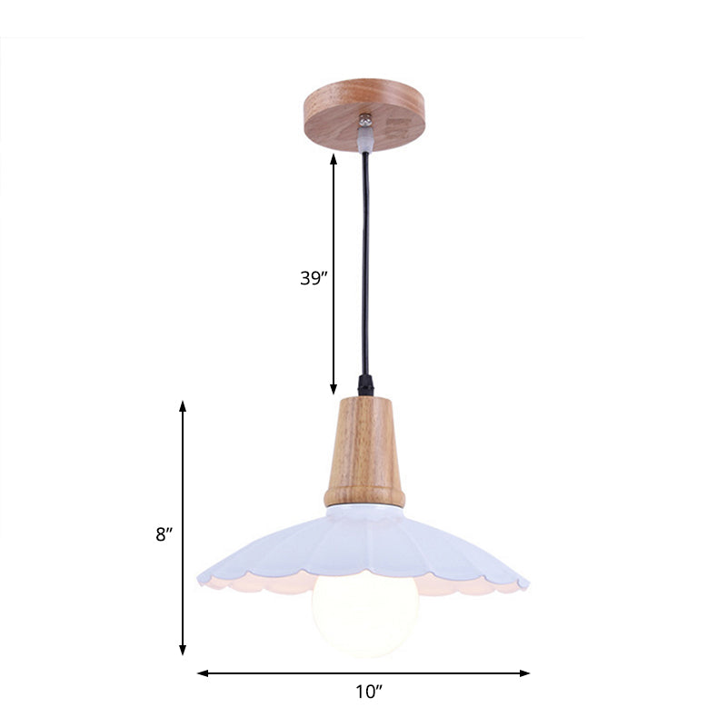 Industrial Scalloped Metal Hanging Pendant Light With Wooden Cap - White/Black