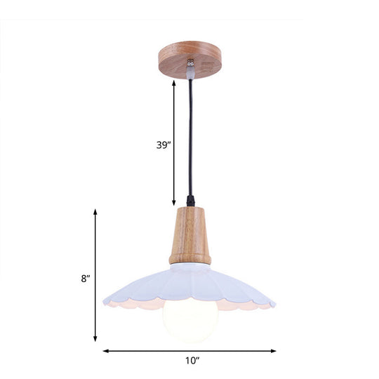 Industrial Scalloped Metal Hanging Pendant Light With Wooden Cap - White/Black