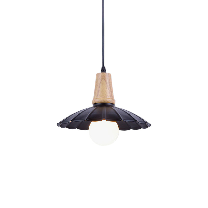 Industrial Scalloped Metal Hanging Pendant Light With Wooden Cap - White/Black