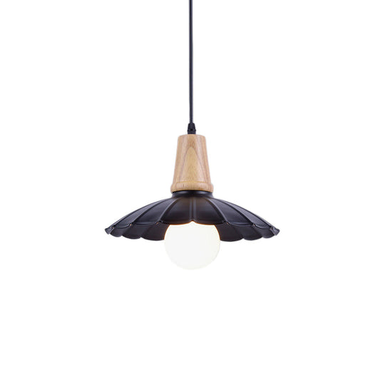 Industrial Scalloped Metal Hanging Pendant Light With Wooden Cap - White/Black