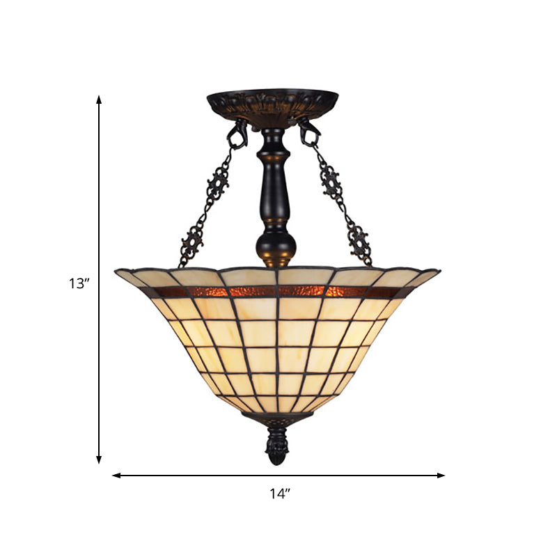 Tiffany Antique Glass Bell Chandelier – Beige Inverted Pendant Light For Restaurants
