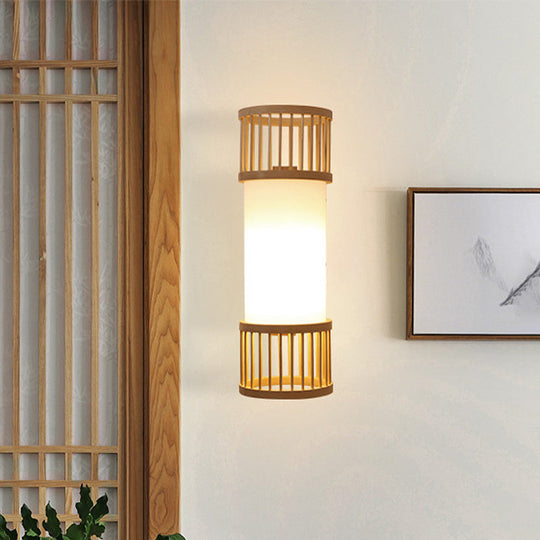 Beige Asian Wall Sconce With Wooden Shade - Single Bulb Cylinder Lighting