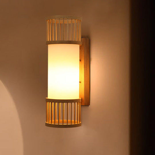 Beige Asian Wall Sconce With Wooden Shade - Single Bulb Cylinder Lighting Wood