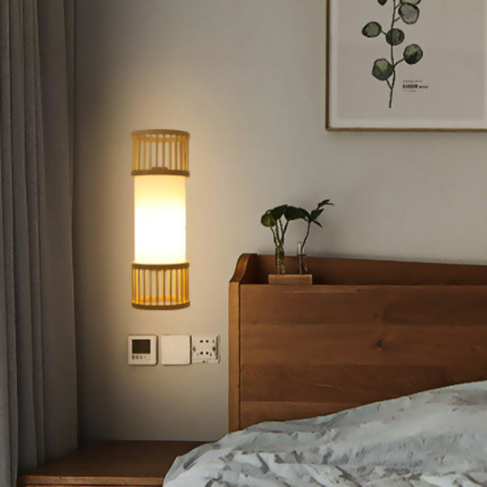 Beige Asian Wall Sconce With Wooden Shade - Single Bulb Cylinder Lighting