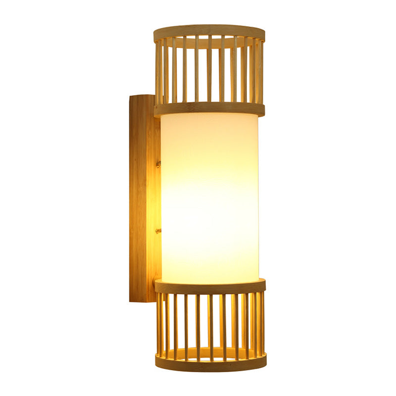 Beige Asian Wall Sconce With Wooden Shade - Single Bulb Cylinder Lighting