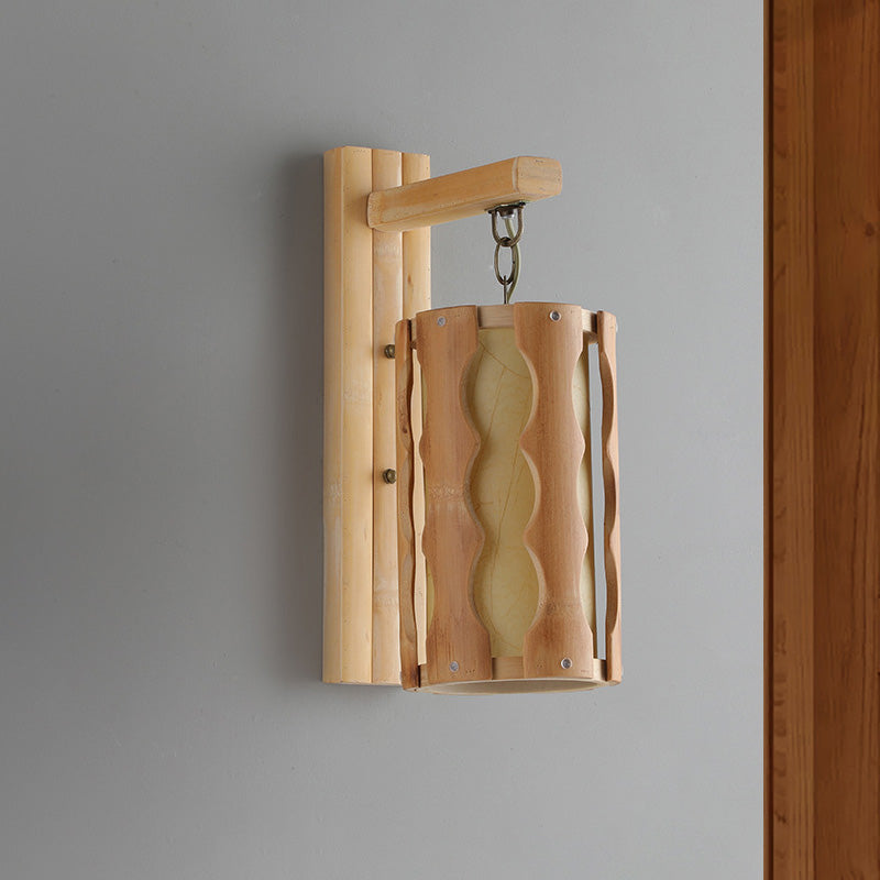 Asian-Inspired Wood Wall Mount Lamp: Single Head Khaki Sconce Light Fixture For Restaurants