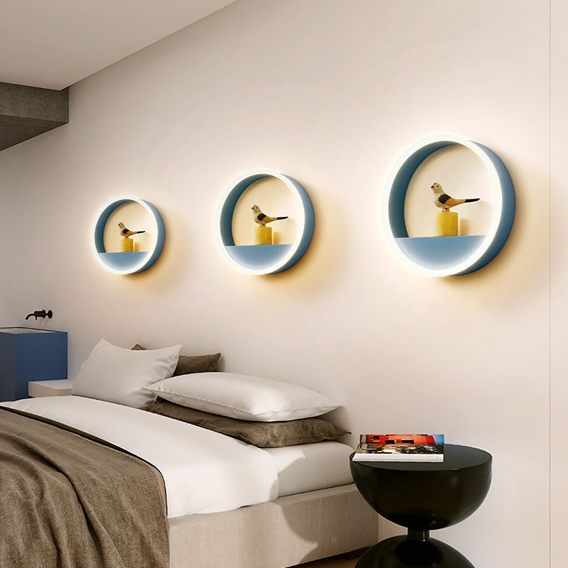 Iron Hoop Flush Mount Wall Light: Macaron Pink/Blue 12/16 Wide Led Sconce With Storage Rack