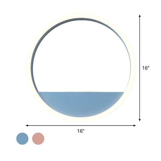 Iron Hoop Flush Mount Wall Light: Macaron Pink/Blue 12/16 Wide Led Sconce With Storage Rack