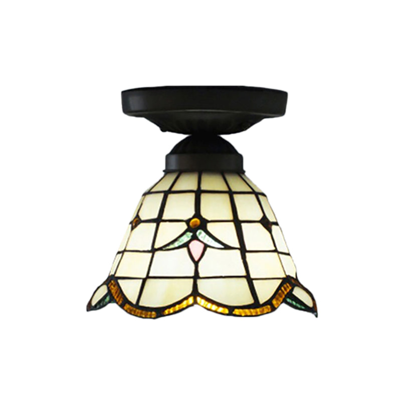 Tiffany Art Glass Dome Ceiling Light - White 6’/7’ Width Flush Mount For Hallway