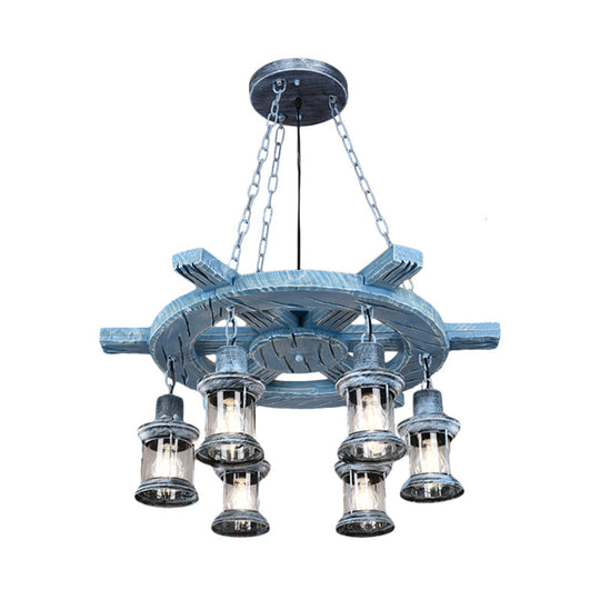 Clear Glass Drop Pendant Chandelier With Wood Rudder Deco - 6-Light Factory Black/Gray Kerosene