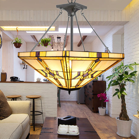 Tiffany Vintage Pyramid Chandelier With Stained Glass - 19.5/27.5 Wide Beige Inverted Pendant Light