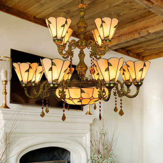 Tiffany Style Agate Leaf Chandelier In Antique Art Glass - 7/9/13 Lights Beige Ideal For Hotels 13 /