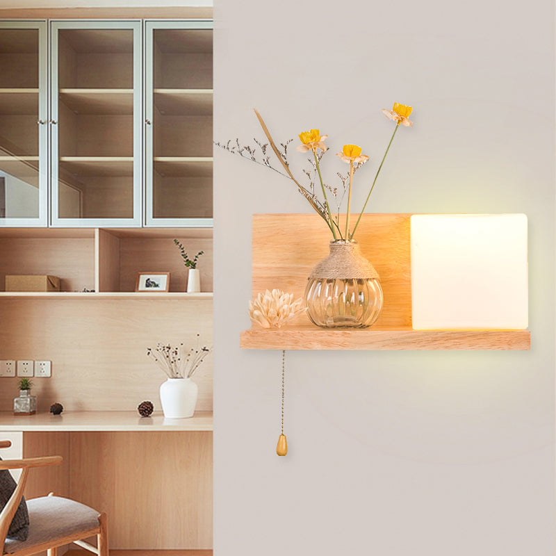 Nordic Milky Glass Wall Sconce With Wood Spiral/Cylinder Design - Mounted Light Fixture / A