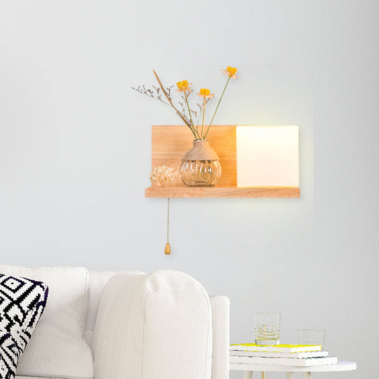 Nordic Milky Glass Wall Sconce With Wood Spiral/Cylinder Design - Mounted Light Fixture