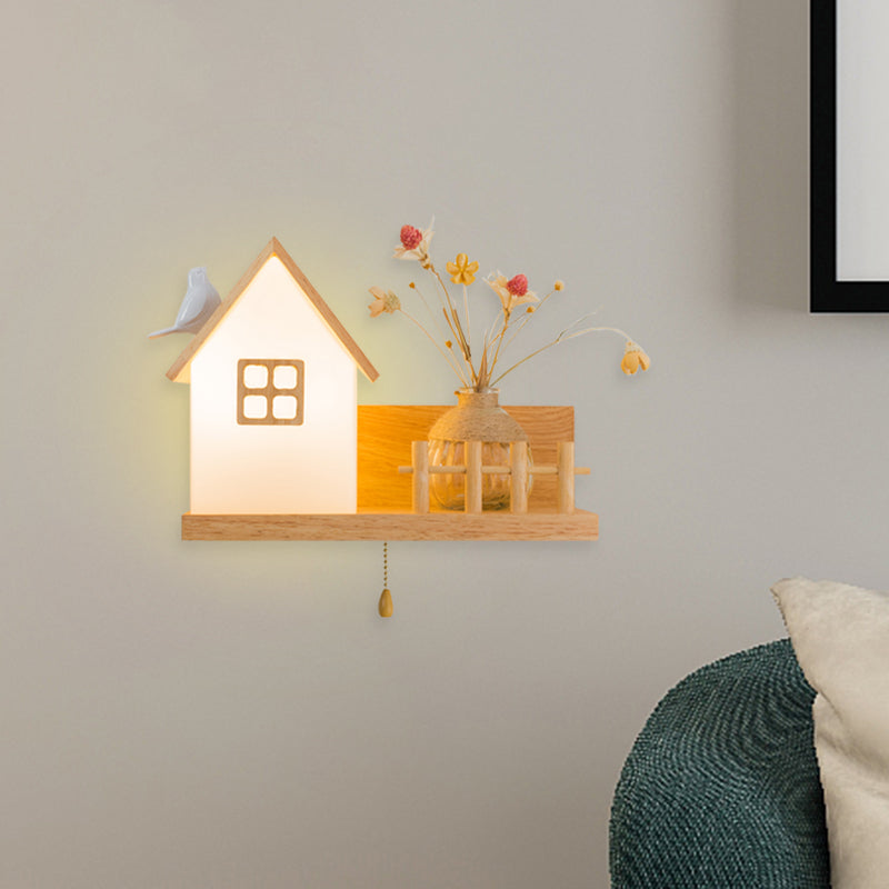 Nordic Milky Glass Wall Sconce With Wood Spiral/Cylinder Design - Mounted Light Fixture