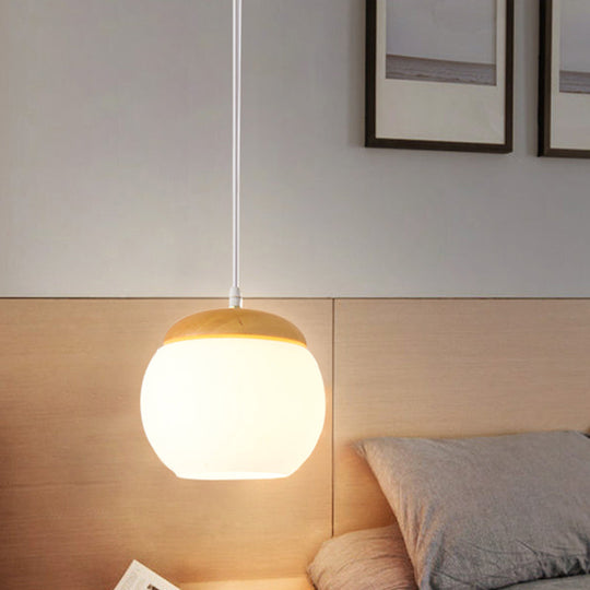 Modern Milky Glass Sphere Pendant Light With Wood Drop - Ideal For Bedside Use