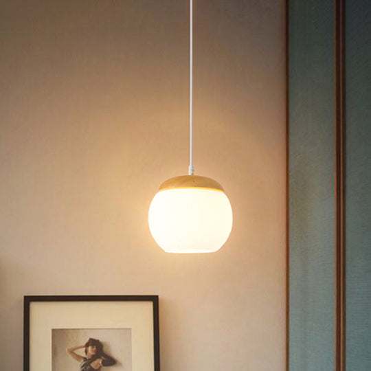 Modern Milky Glass Sphere Pendant Light With Wood Drop - Ideal For Bedside Use