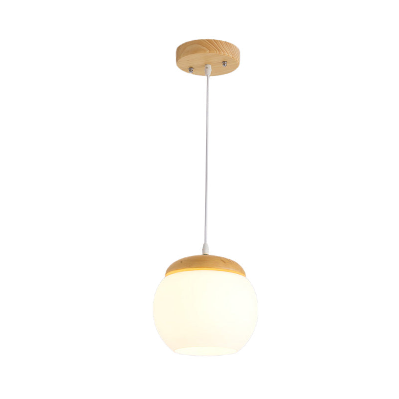 Modern Milky Glass Sphere Pendant Light With Wood Drop - Ideal For Bedside Use