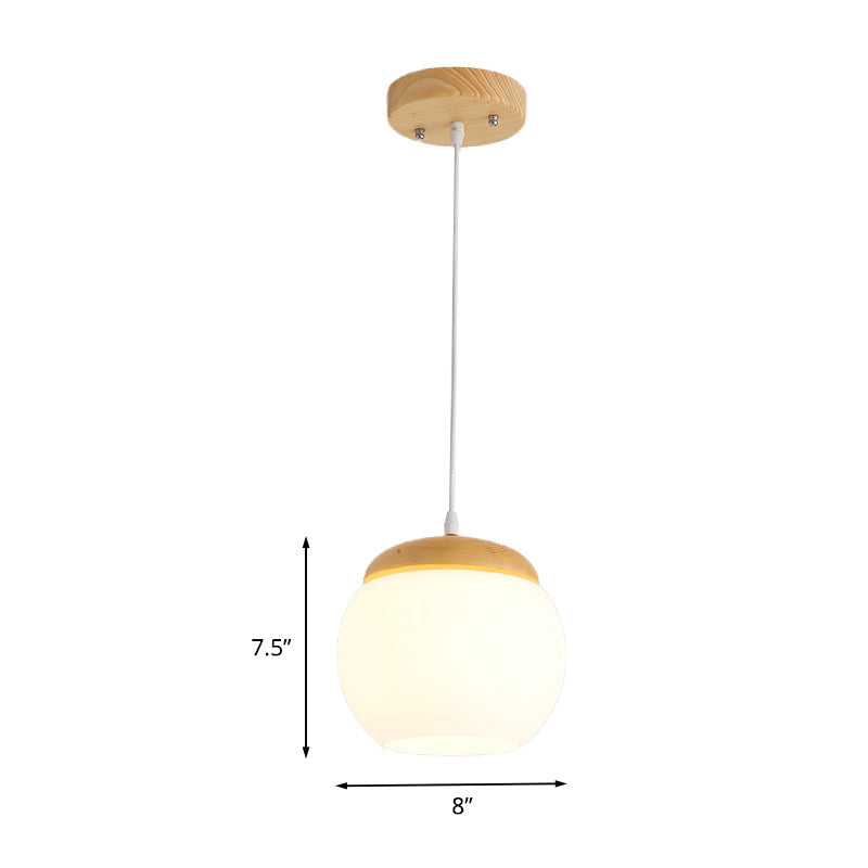 Milky Glass Sphere Pendant Light For Bedside With Wood Accent