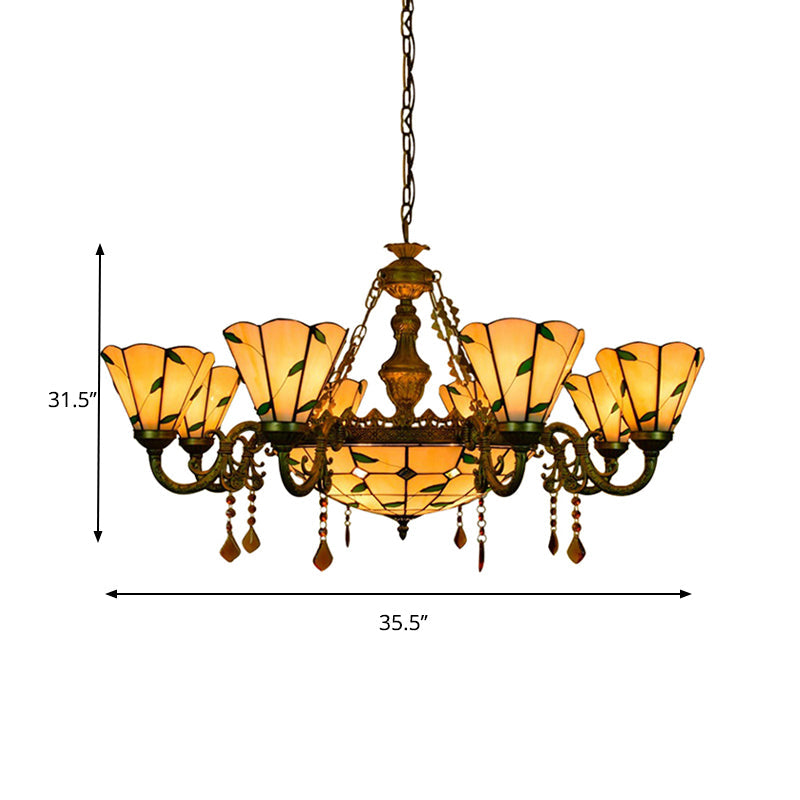 Tiffany Style Agate Leaf Chandelier In Antique Art Glass - 7/9/13 Lights Beige Ideal For Hotels