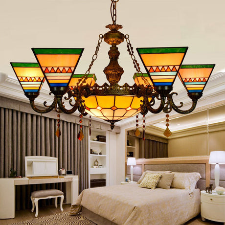 Vintage Agate Stained Glass Chandelier: Craftsman Living Room Hanging Light In Orange-Green