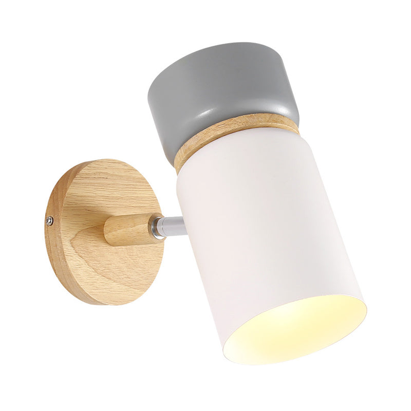 Modern Grey-White Nordic Iron Wall Lamp With Wood Accent - Rotating Cylindrical Sconce